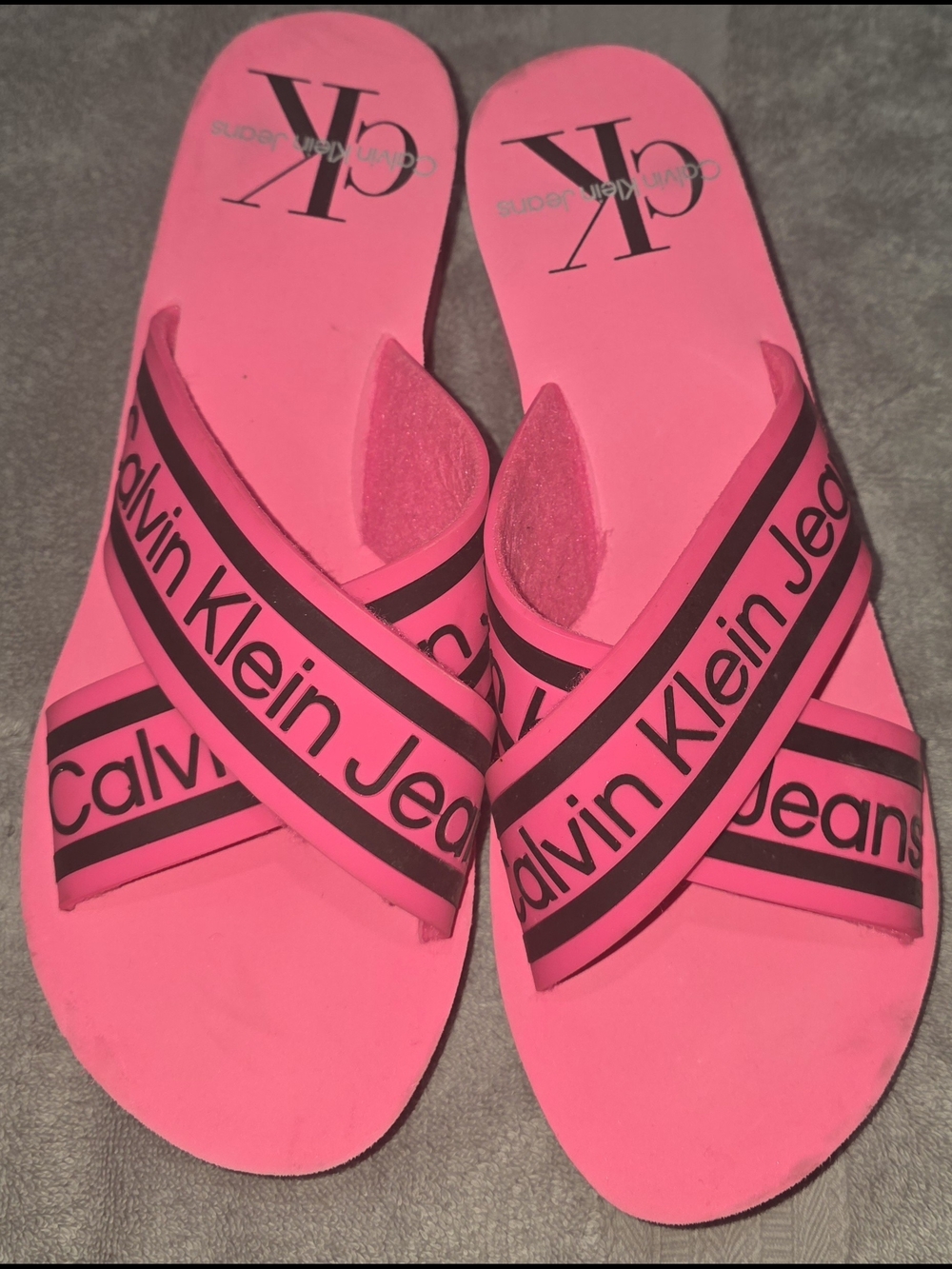 Calvin Klein Jeans Hot Pink Crisscross Logo Slide Sandals